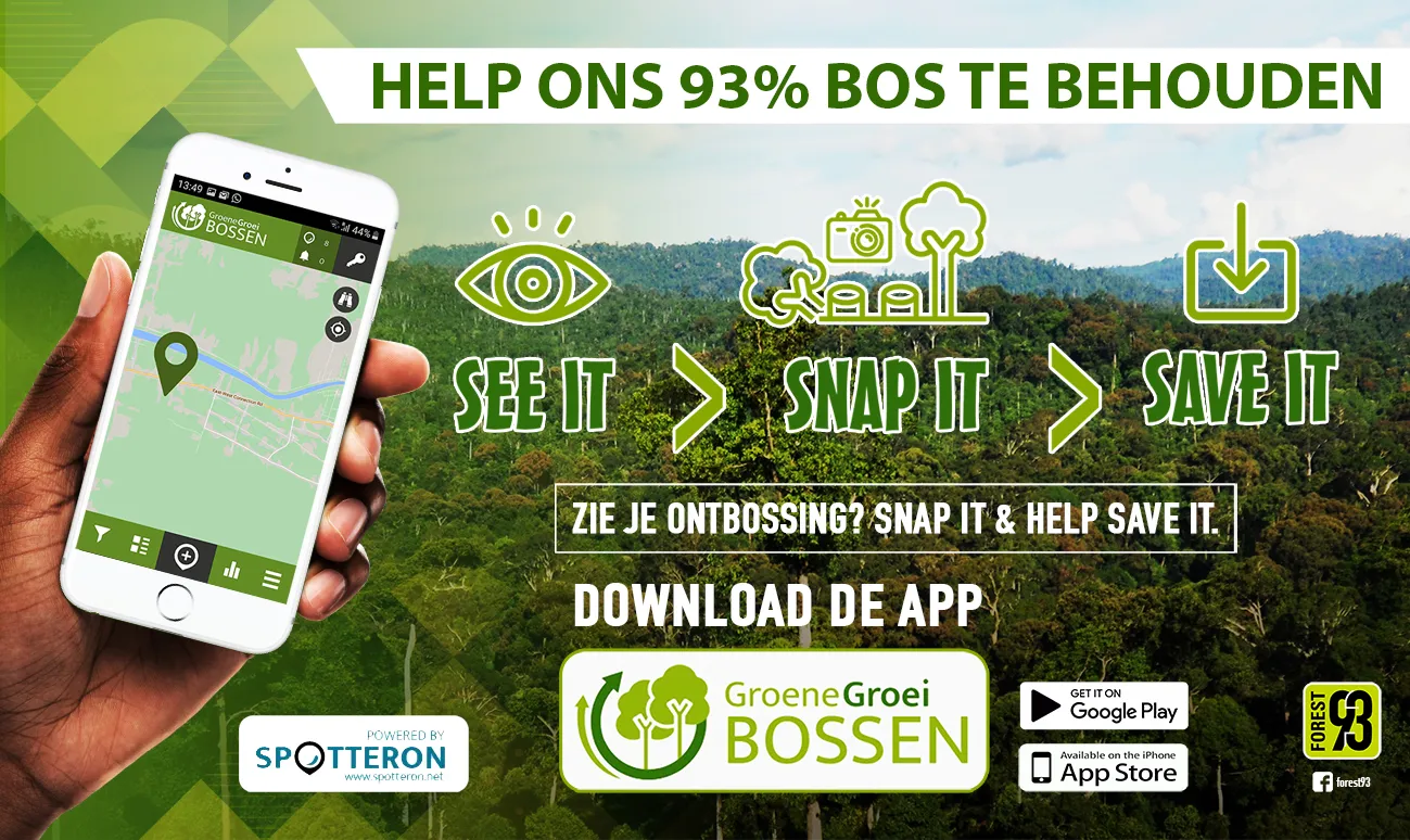 App promotion: “Help ons 93% bos te behouden. See it, snap it, save it” with a phone showing the Groene Groei Bossen app
