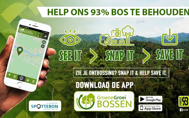 App promotion: “Help ons 93% bos te behouden. See it, snap it, save it” with a phone showing the Groene Groei Bossen app