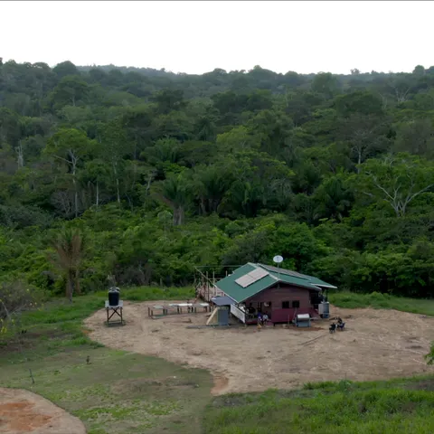 Aerial view of the community enterprise building in Alalapadu, a green-roofed wooden hall on a cleared sandy plot with the forest closing in around it