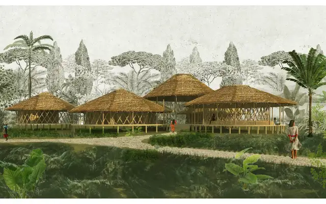 Architectonische impressie van de voorgestelde bamboegebouwen: vier open paviljoens op palen met rieten daken en gevlochten bamboewanden, tussen beplanting en bos