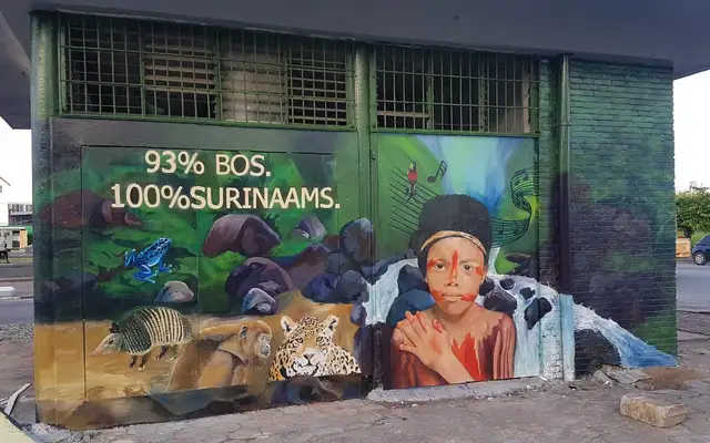 The finished mural on the utility building: "93% BOS. 100% SURINAAMS." painted above a blue poison dart frog, an armadillo, a monkey and a jaguar, beside a young girl in red face paint with a waterfall behind her
