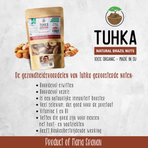 A bag of Tuhka roasted Brazil nuts with a list of their health benefits in Dutch