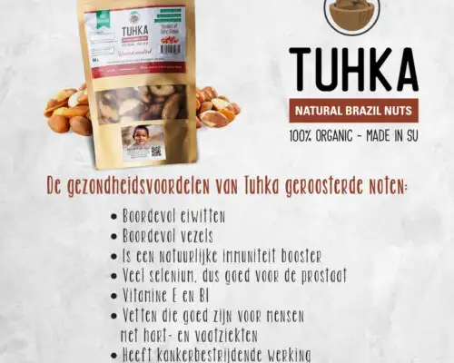 A bag of Tuhka roasted Brazil nuts with a list of their health benefits in Dutch