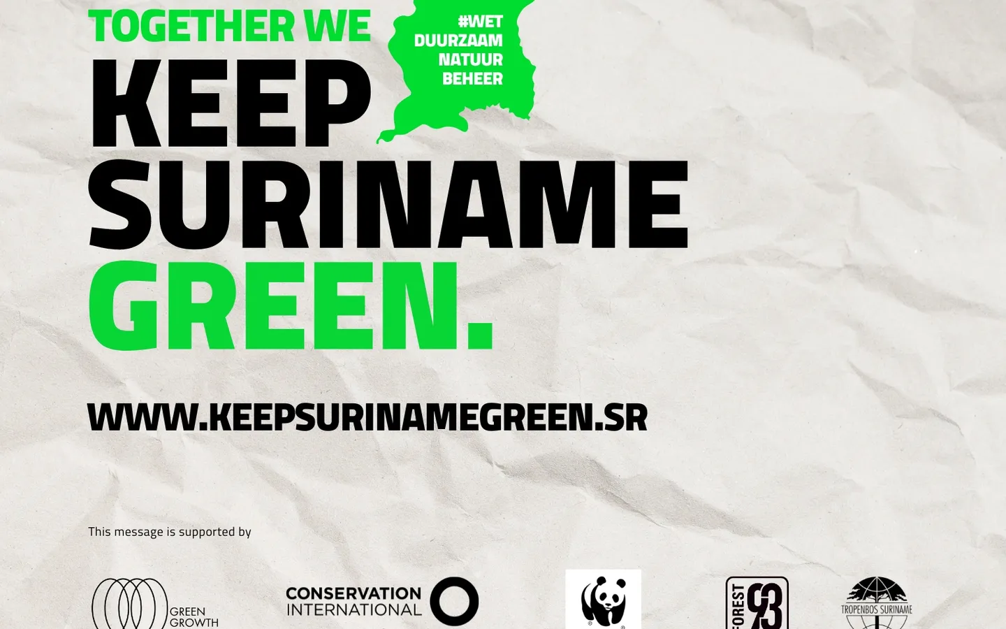 Poster “Together we keep Suriname green” met de logo’s van de deelnemende organisaties