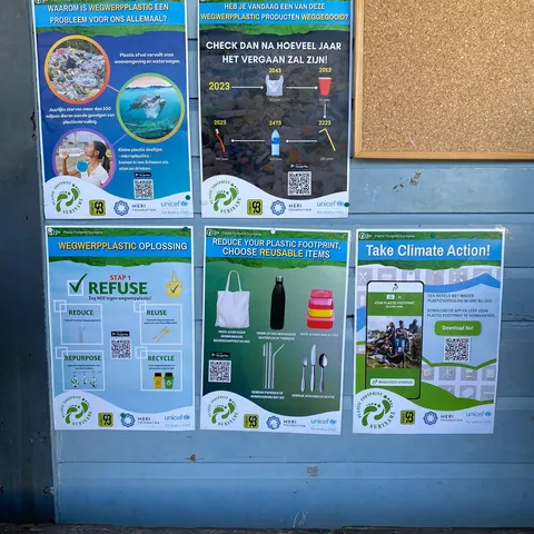 Plastic Footprint awareness posters pinned to a school noticeboard