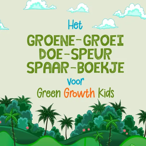 De omslag van Het Groene-Groei-Doe-Speur-Spaar-Boekje voor Green Growth Kids, een geïllustreerd boekje met een getekend regenwoud en het Forest93-logo