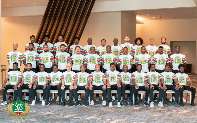 Team photo of Suriname's national football squad in their Forest93 Gold Cup shirts