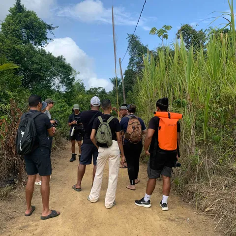 The group walking along a sandy trail through tall grass